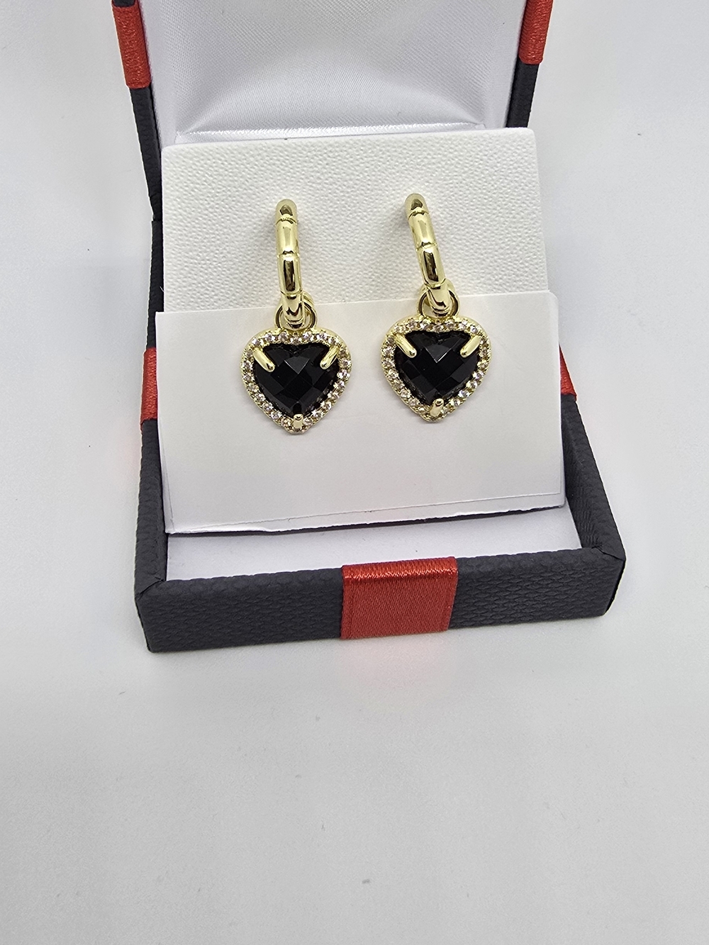 Gold-Plated Heart Drop Earrings with Black Stone
